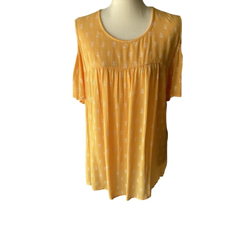 St. John's Bay Large Yellow Floral Cold Shoulder Rayon Blouse Boho Top